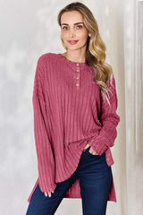 Basic Bae Full Size Ribbed Half Button Long Sleeve High-Low T-Shirt - Trendsi - Flyclothing LLC