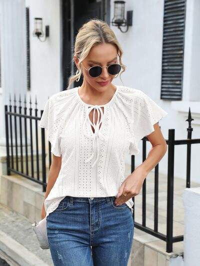 Eyelet Tie Neck Flutter Sleeve Blouse - Trendsi - Flyclothing LLC