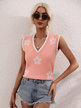 Floral Contrast Ribbed Trim Sweater Vest - Trendsi - Flyclothing LLC