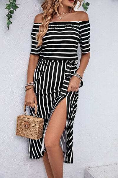 Slit Off-Shoulder Tie-Waist Midi Dress - Trendsi - Flyclothing LLC