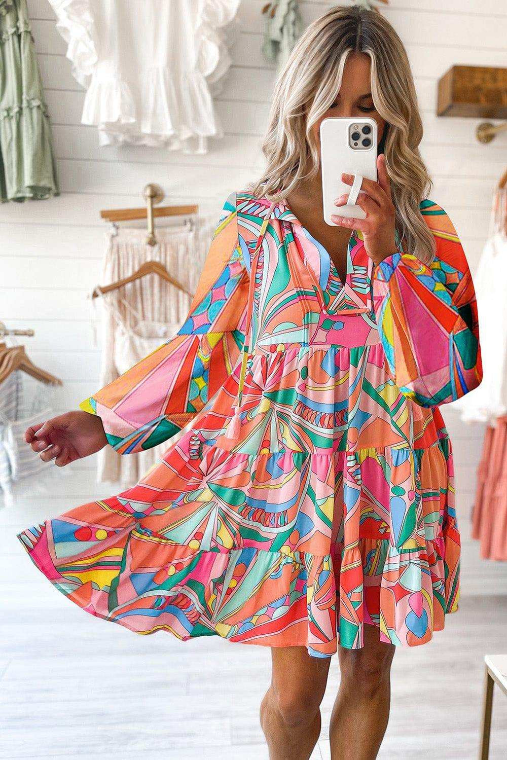 Printed Long Sleeve Tie Neck Mini Dress - Trendsi - Flyclothing LLC