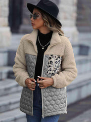 Leopard Color Block Zip-Up Jacket - Trendsi