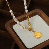 Coin pendant Pearl Titanium Steel Necklace - Trendsi - Flyclothing LLC