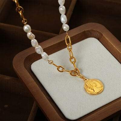 Coin pendant Pearl Titanium Steel Necklace - Trendsi - Flyclothing LLC