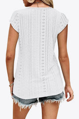 Eyelet Contrast V-Neck Tee - Trendsi - Flyclothing LLC