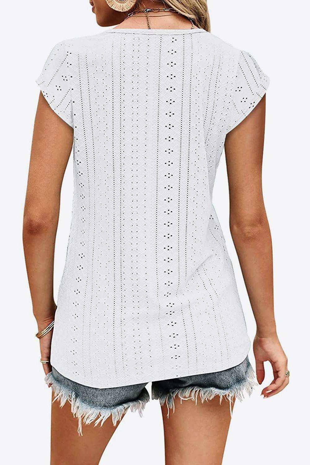 Eyelet Contrast V-Neck Tee - Trendsi - Flyclothing LLC