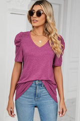 Heathered V-Neck Puff Sleeve T-Shirt - Trendsi - Flyclothing LLC