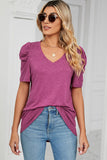 Heathered V-Neck Puff Sleeve T-Shirt - Trendsi