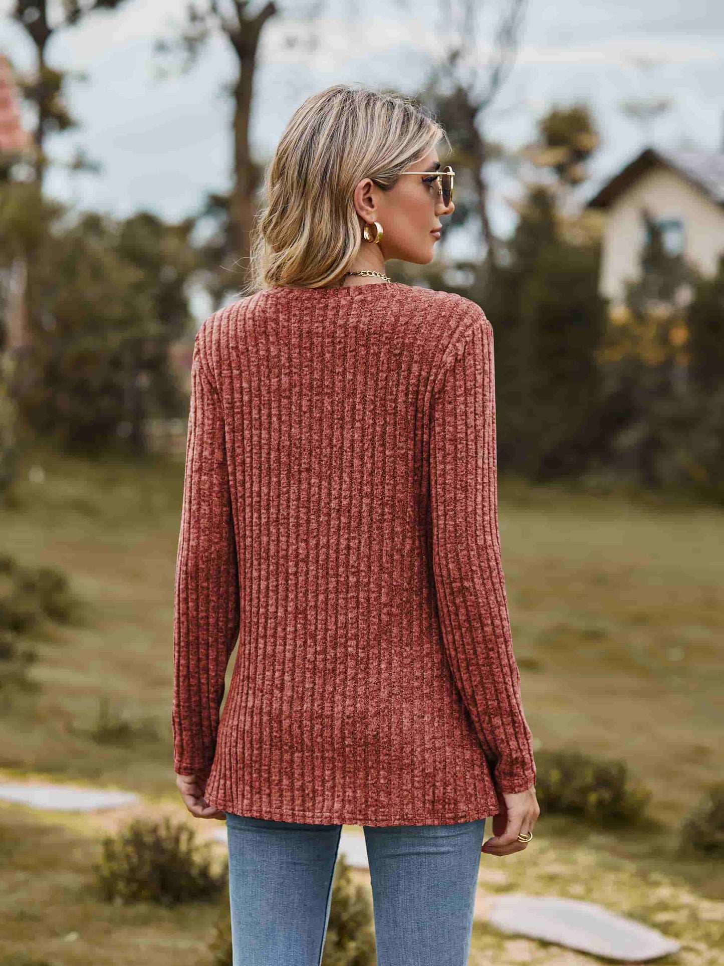 Ribbed Round Neck Long Sleeve Tee - Trendsi - Flyclothing LLC