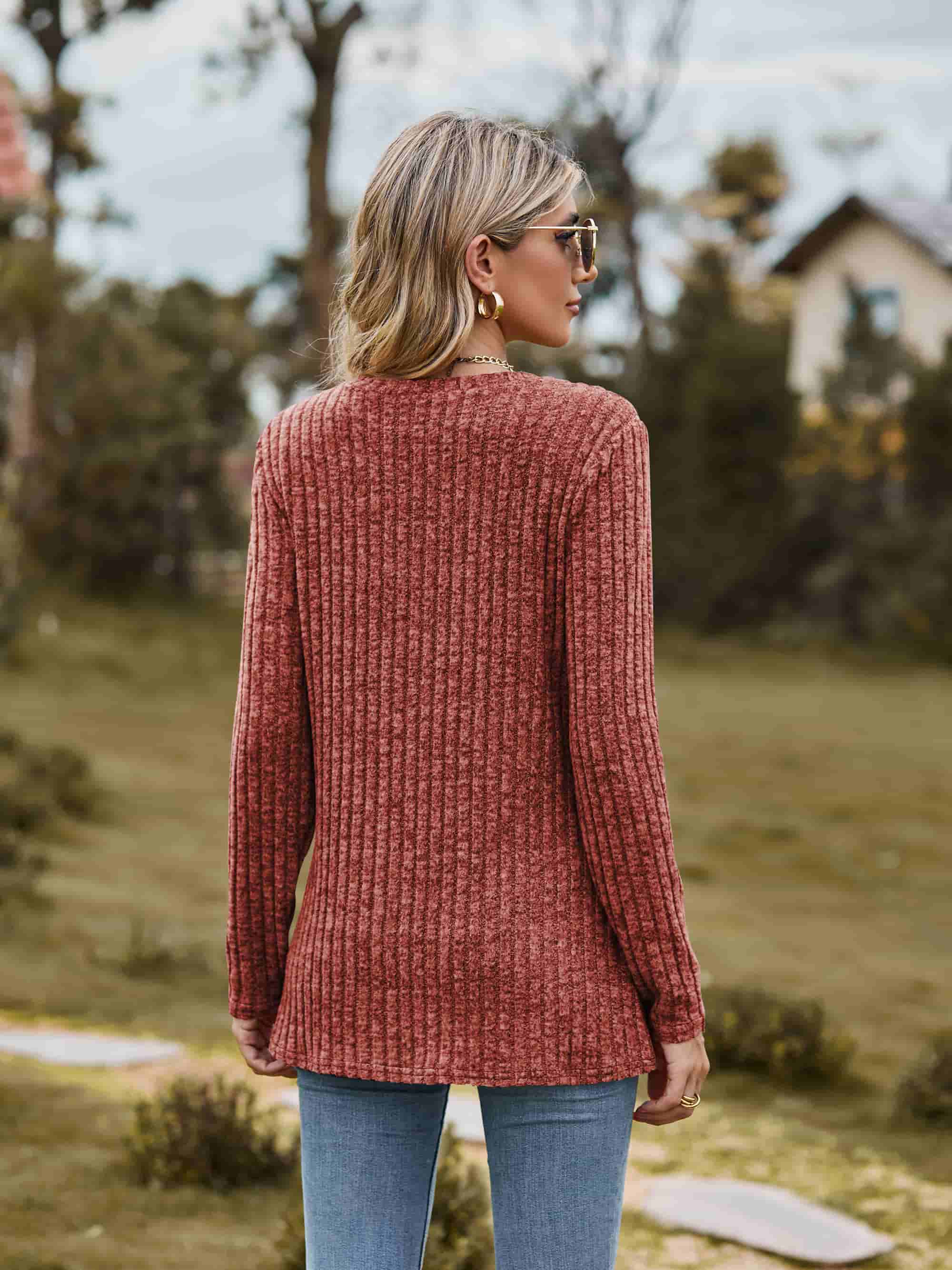 Ribbed Round Neck Long Sleeve Tee - Trendsi - Flyclothing LLC