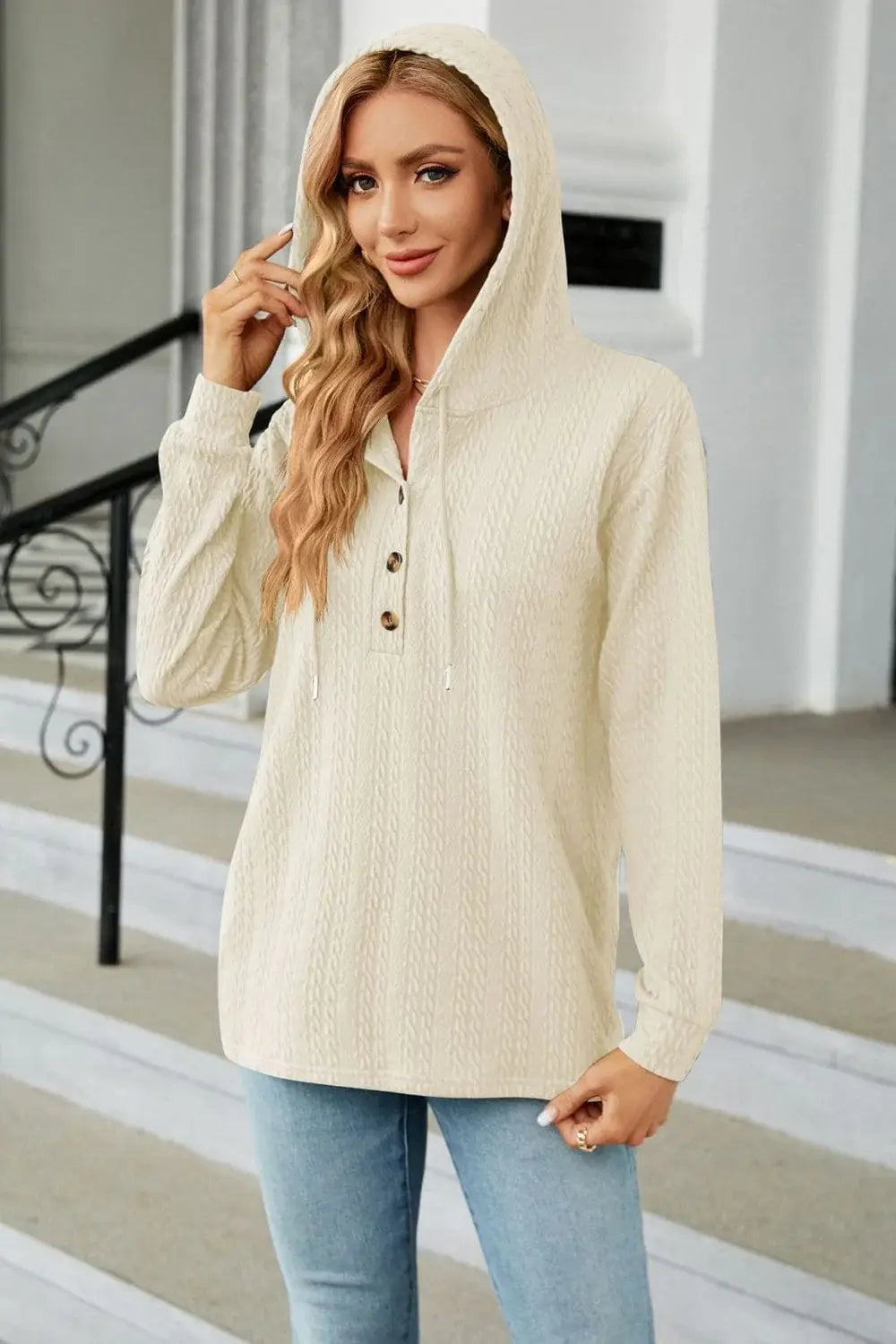Cable-Knit Long Sleeve Hoodie - Trendsi - Flyclothing LLC