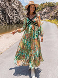 Printed V-Neck Long Sleeve Dress - Trendsi