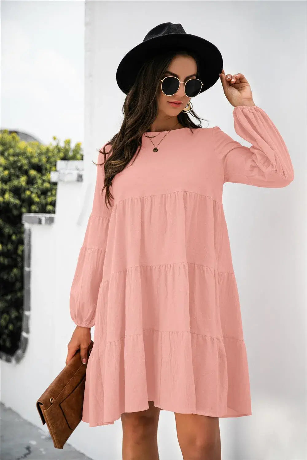 Balloon Sleeve Keyhole Tiered Dress - Trendsi - Flyclothing LLC