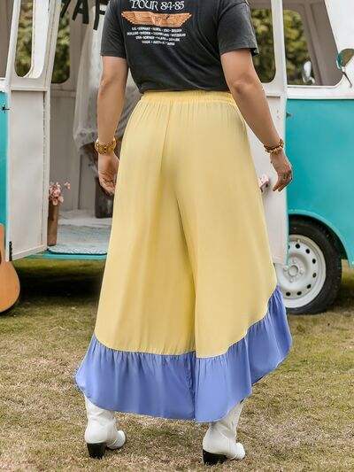 Plus Size Contrast Ruffled Wide Leg Pants - Trendsi - Flyclothing LLC