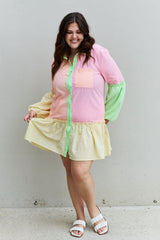 Davi & Dani Flying Colors Full Size Colorblock Long Sleeve Shirt Dress - Trendsi