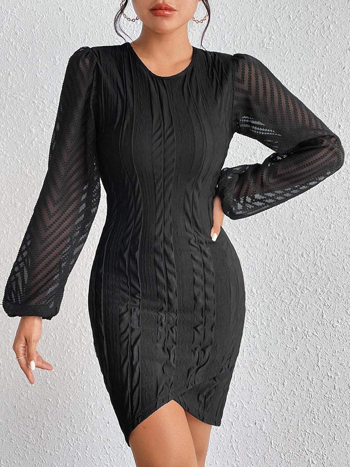 Round Neck Puff Sleeve Tulip Hem Mini Dress - Trendsi - Flyclothing LLC