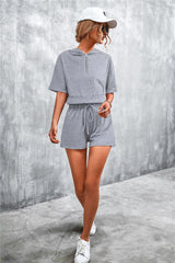Half Zip Cropped Hooded T-Shirt and Shorts Set - Flyclothing LLC