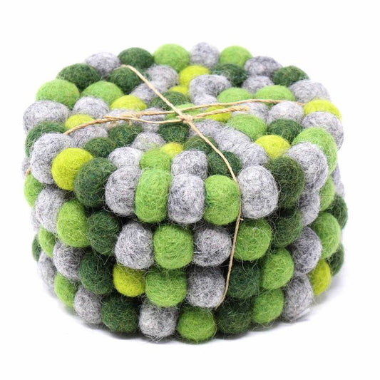 Hand Crafted Felt Ball Coasters from Nepal: 4-pack, Chakra Greens - Global Groove (T) - Global Groove