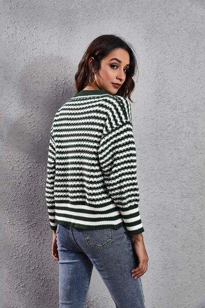 Striped V-Neck Knit Top - Trendsi - Flyclothing LLC