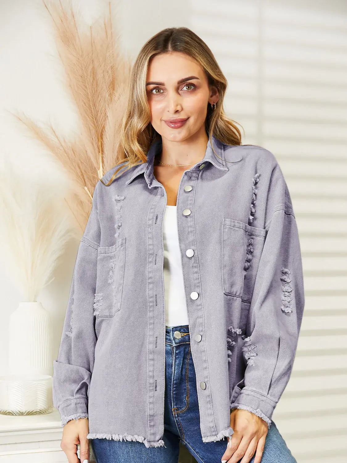 Distressed Raw Hem Denim Jacket - Trendsi - Flyclothing LLC