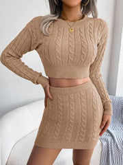 Cable-Knit Round Neck Top and Skirt Sweater Set - Trendsi