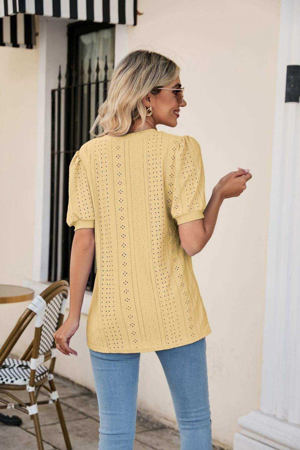 Eyelet Puff Sleeve V-Neck Top - Trendsi - Flyclothing LLC