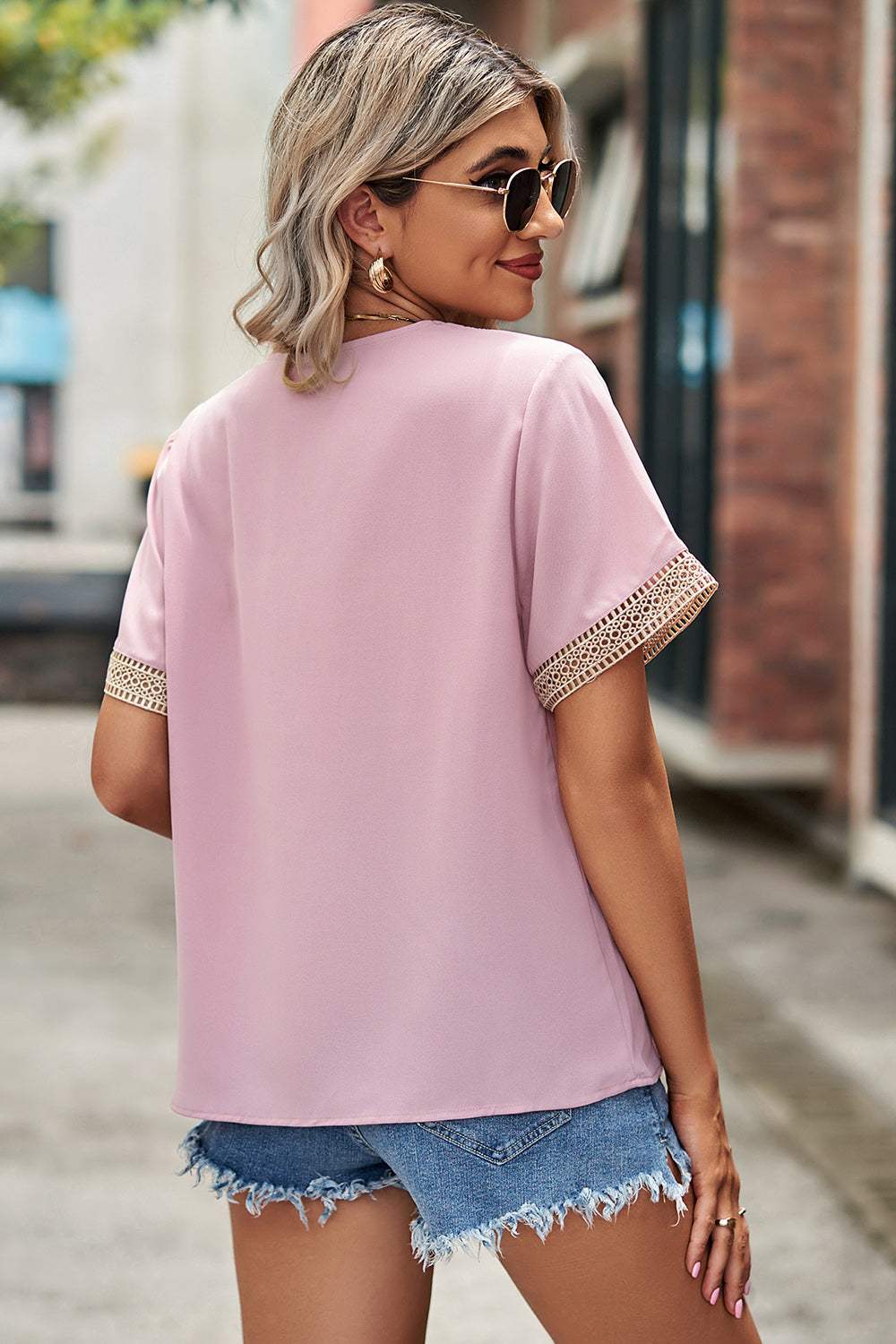 Openwork V-Neck Short Sleeve T-Shirt - Trendsi - Flyclothing LLC