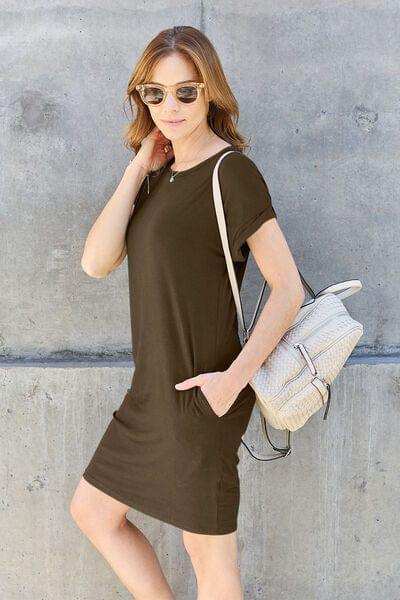 Basic Bae Full Size Round Neck Short Sleeve Dress with Pockets - Trendsi - Flyclothing LLC