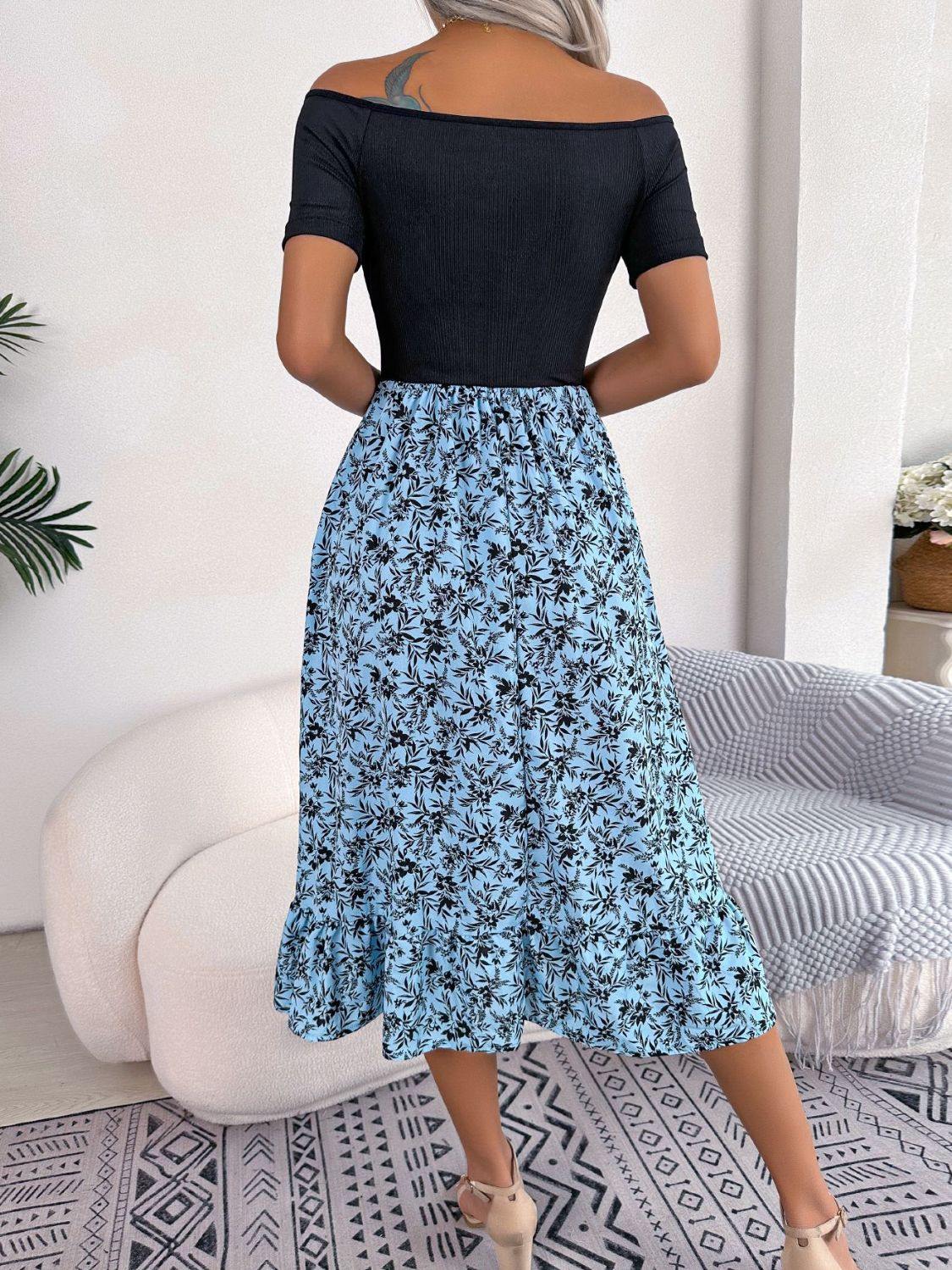 Printed Off-Shoulder Ruffle Hem Dress - Trendsi