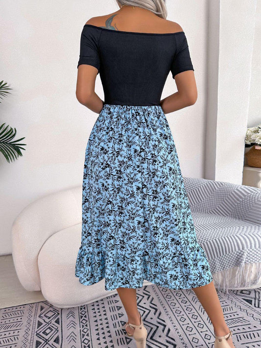 Printed Off-Shoulder Ruffle Hem Dress - Trendsi