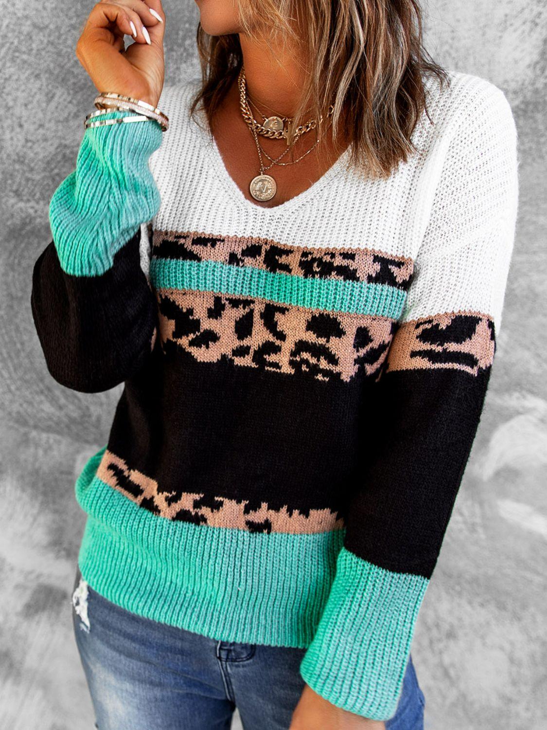 Leopard Color Block V-Neck Rib-Knit Sweater - Flyclothing LLC