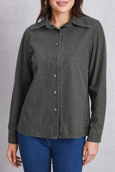 Collared Neck Button Up Denim Top - Trendsi - Flyclothing LLC