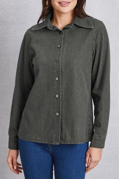 Collared Neck Button Up Denim Top - Trendsi