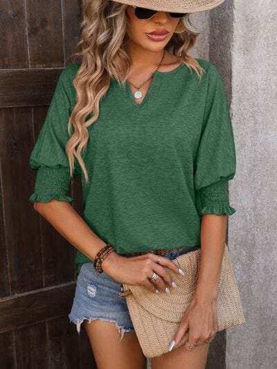 Heathered Notched Lantern Sleeve Blouse - Trendsi - Flyclothing LLC