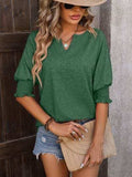 Heathered Notched Lantern Sleeve Blouse - Trendsi - Flyclothing LLC