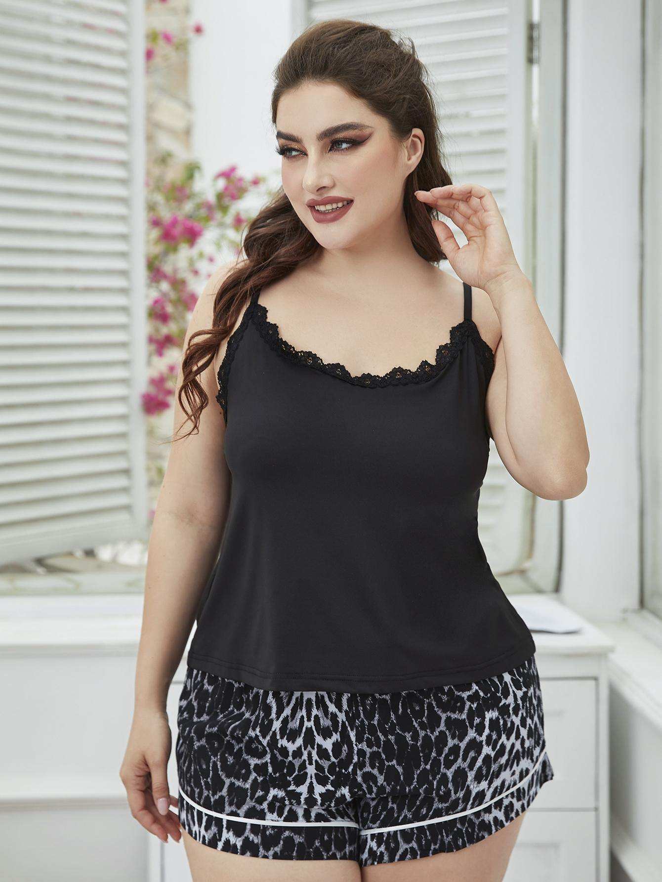 Plus Size Lace Trim Scoop Neck Cami and Printed Shorts Pajama Set - Trendsi - Flyclothing LLC