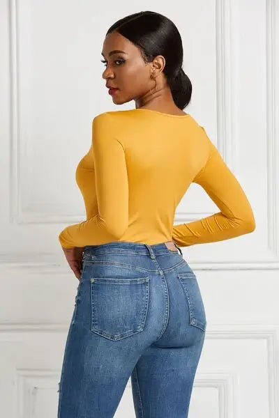 Half Zip Scoop Neck Long Sleeve Bodysuit - Trendsi - Flyclothing LLC