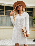 Notched Neck Cable-Knit Slit Sweater Dress - Trendsi