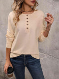 Round Neck Buttoned Slit Long Sleeve Top - Trendsi