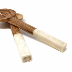 Olive Wood Salad Servers with Bone Handles, White with Square Design - Jedando