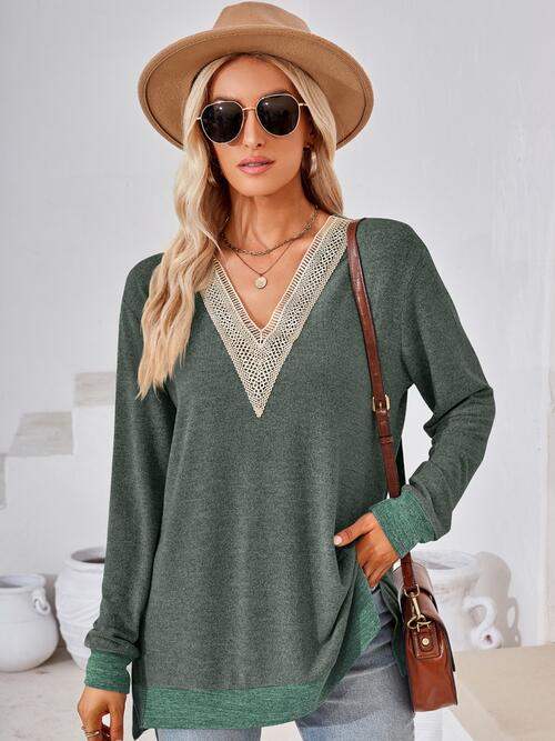 Crochet Contrast V-Neck Long Sleeve Slit T-Shirt - Trendsi - Flyclothing LLC