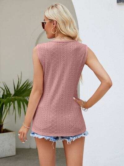 Eyelet Lace Detail V-Neck Tank - Trendsi - Flyclothing LLC
