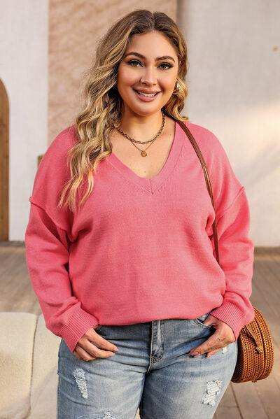 Plus Size V-Neck Dropped Shoulder Sweater - Trendsi - Flyclothing LLC