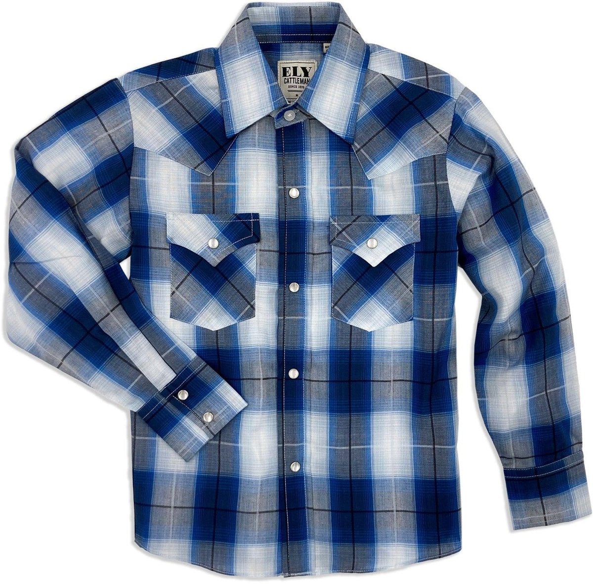 Ely Cattleman Boy's Long Sleeve Textured Blue Plaid Shirt - Flyclothing LLC