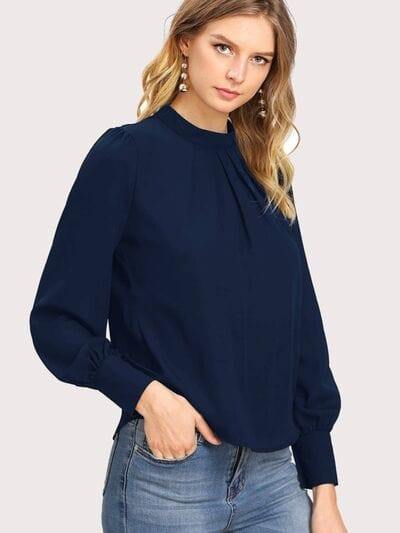 Mock Neck Lantern Sleeve Shirt - Trendsi