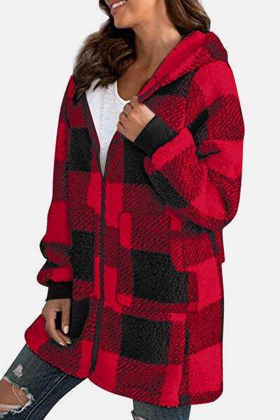 Double Take Full Size Plaid Long Sleeve Hooded Coat - Trendsi - Flyclothing LLC