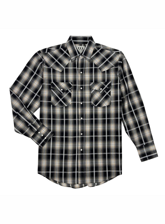 Ely Cattleman Men's Long Sleeve Textured Black Plaid Shirt