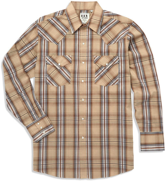 Ely Cattleman Khaki Textured Plaid Long Sleeve Western Shirt - Flyclothing LLC