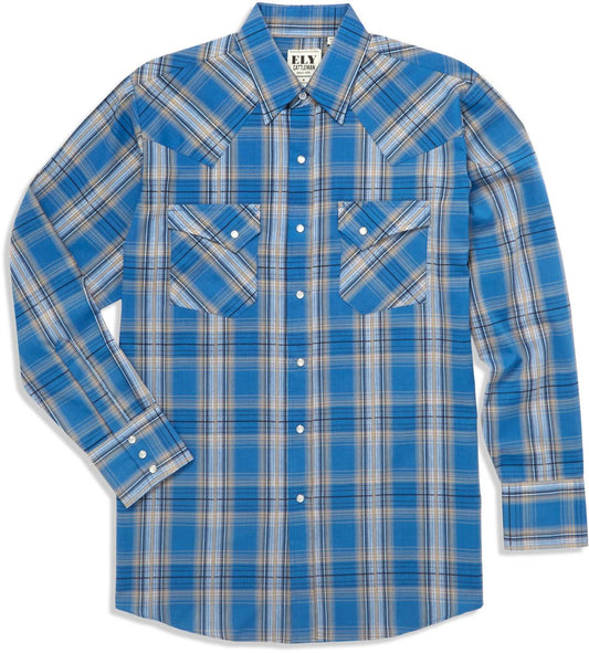 Ely Cattleman Blue Textured Plaid Long Sleeve Western Shirt - Flyclothing LLC