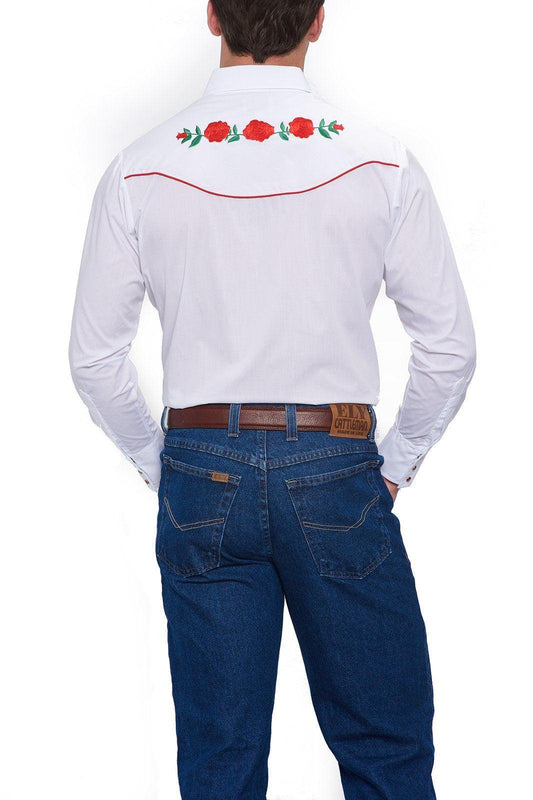 Ely Cattleman Mens L/S White Solid W/Red Rose Embroidery - Ely Cattleman